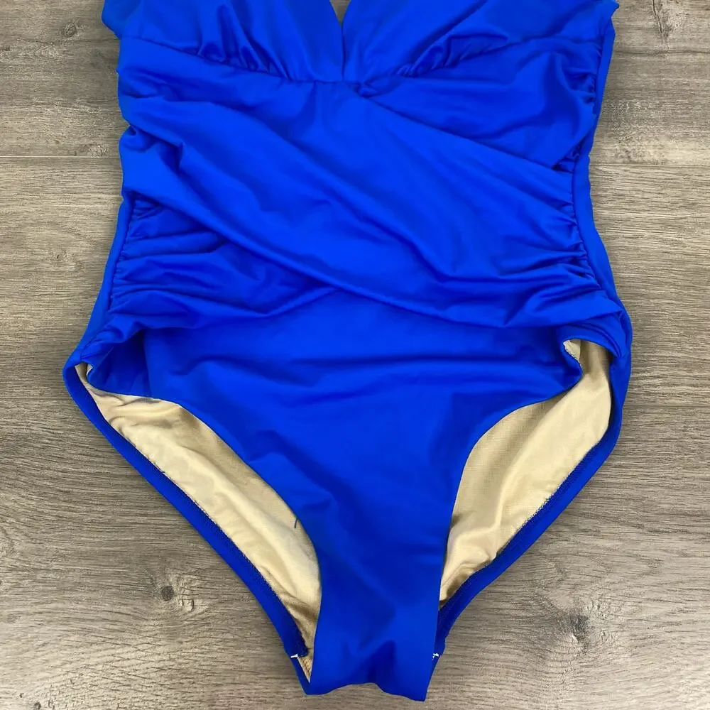 Swimsuits For All Blue Ruched Neck Tie One Piece Swimsuit Sz.14 NWT